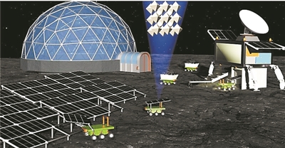 利用原始風化層在月球上制造太陽能電池的模擬圖。圖中機器人負責獲取原始風化層并將其運送到生產設施，安裝生產后的太陽能電池可為未來月球棲息地甚至城市供電。圖片來源：德國波茨坦大學